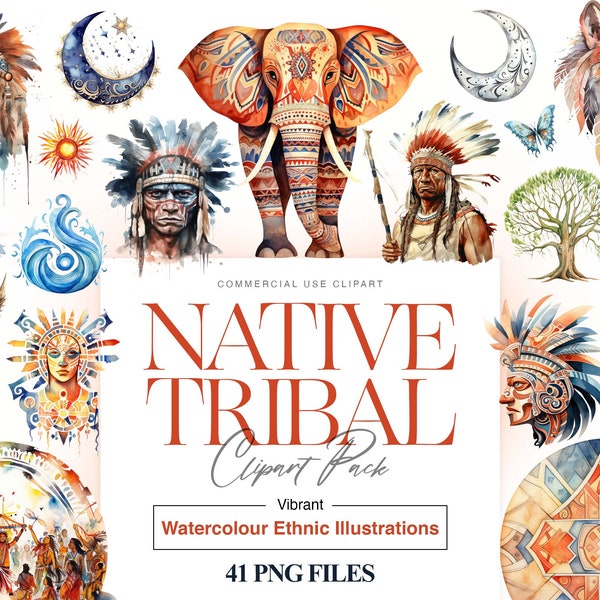 Clipart Tribal aquarelle, clipart Indien aquarelle, cavalier amérindien, clipart Apache, tatouages tribaux