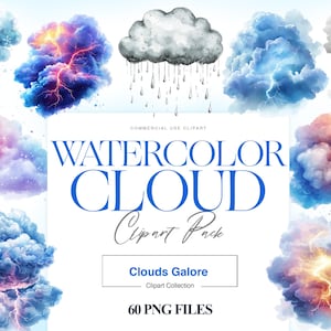 Watercolor Clouds Clipart, Rain Clouds, Fluffy, Sky Clipart, White Clouds, Weather Clipart, Grey Clouds PNG