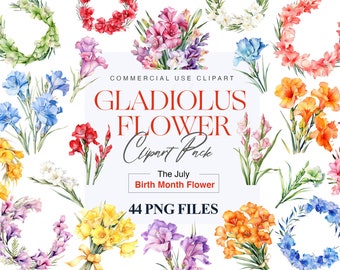 44 Miesiąc urodzinowy Gladiolus Kwiat, Wieniec kwiatowy, Bukiet akwarelowy, Kwiat PNG, Kartka urodzinowa, Dekoracja ślubna