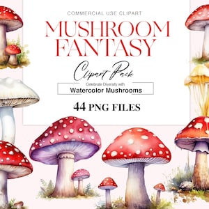 May include: A set of 44 watercolor mushroom illustrations in PNG format. The mushrooms are in various colors, shapes, and sizes, including red, white, and yellow. The illustrations are perfect for adding a touch of whimsy to your designs.