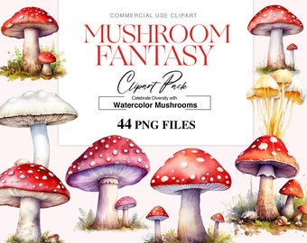 Watercolor Mushroom Clipart, Magical Pink Mushroom SVG, Cute Red Mushroom, Fungi Art, Fantasy Mushroom PNG