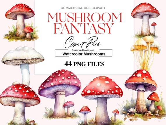 Watercolor Mushroom Clipart, Magical Pink Mushroom SVG, Cute Red Mushroom, Fungi Art, Fantasy Mushroom PNG