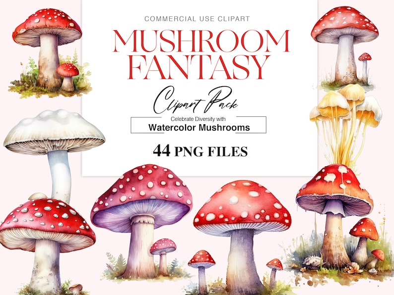 May include: A set of 44 watercolor mushroom illustrations in PNG format. The mushrooms are in various colors, shapes, and sizes, including red, white, and yellow. The illustrations are perfect for adding a touch of whimsy to your designs.