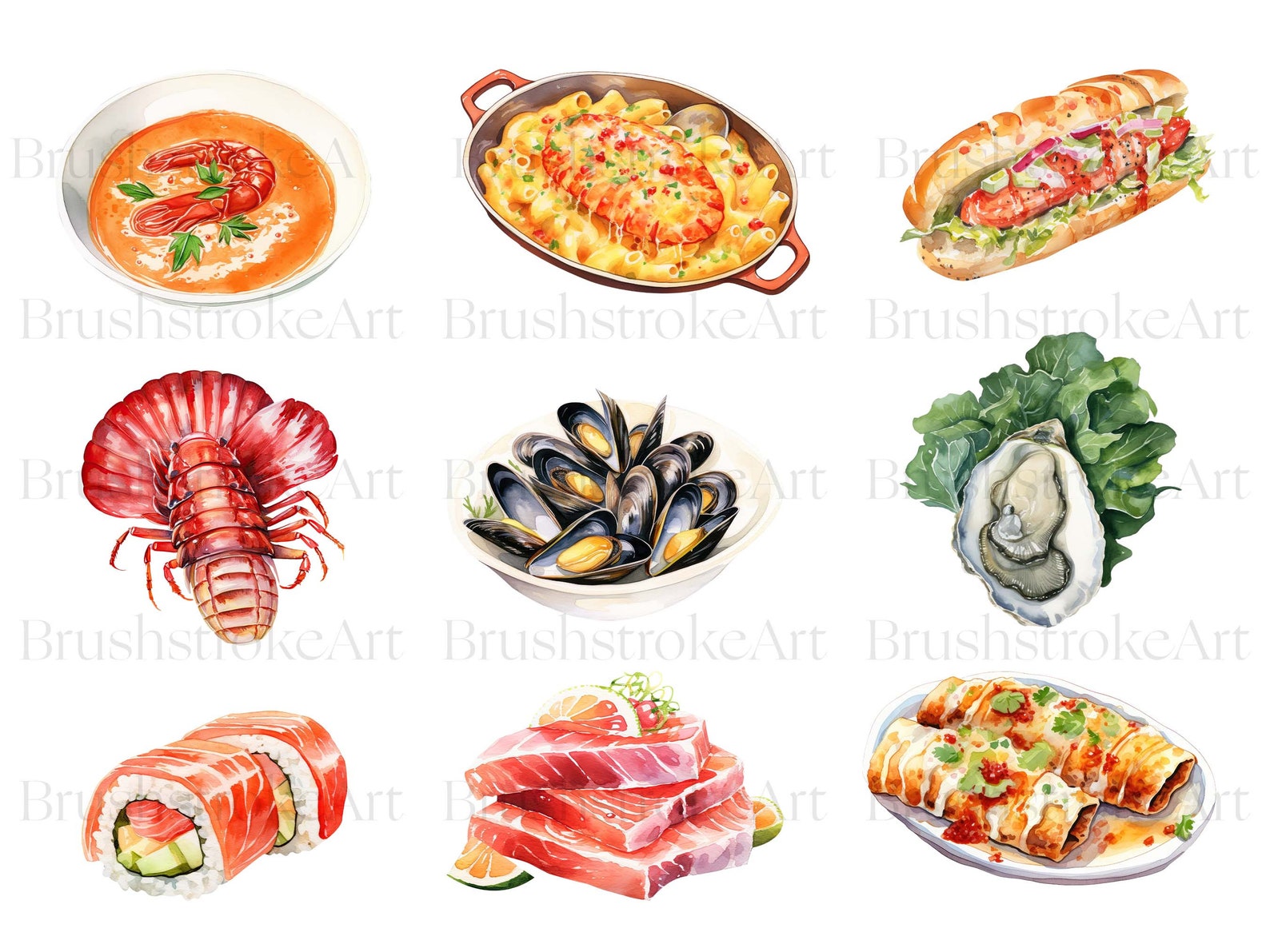 Watercolor Seafood Clipart, Oyster, Salmon, Fish Clipart, Crawfish ...