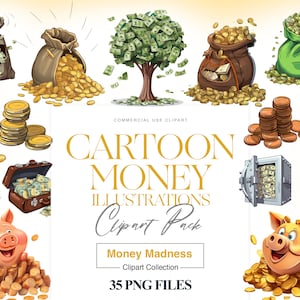 Clipart di illustrazione di soldi, borsa di soldi, clipart di monete, salvadanaio, clipart di contanti, valigia di soldi, milionario