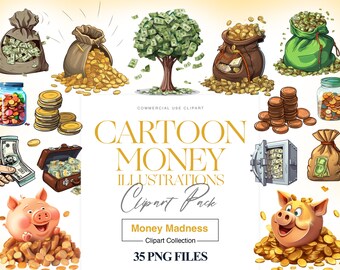 Money Illustration Clipart, Money Bag, Coin Clipart, Piggy Bank, Cash Clipart, Suitcase of Money, Millionaire