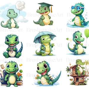 Op de afbeelding: Negen illustraties van schattige groene cartoon-dinosaurussen in verschillende poses. E&eacute;n dinosaurus draagt een afstudeerpet, een andere draagt een zonnebril en een andere houdt een paraplu vast. E&eacute;n dinosaurus houdt een ballon vast, een andere houdt een boek vast en een andere draagt een sjaal. De dinosaurussen lachen allemaal en hebben grote ogen.