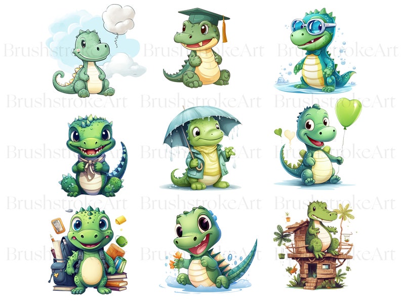 Op de afbeelding: Negen illustraties van schattige groene cartoon-dinosaurussen in verschillende poses. E&eacute;n dinosaurus draagt een afstudeerpet, een andere draagt een zonnebril en een andere houdt een paraplu vast. E&eacute;n dinosaurus houdt een ballon vast, een andere houdt een boek vast en een andere draagt een sjaal. De dinosaurussen lachen allemaal en hebben grote ogen.