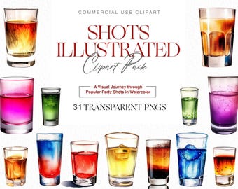 Shots Illustrated Premium Watercolour Clipart of Popular Party Drinks, Party Shots Clipart, Alcohol clipart, Alcohol, Watercolour shots
