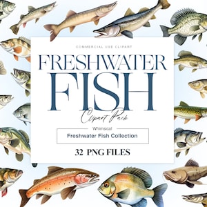 Süßwasserfisch Clipart, Bass Fisch PNG, Forelle Clipart, Aquarell Fische, Wels, Kunstdruck, Gone Fishing