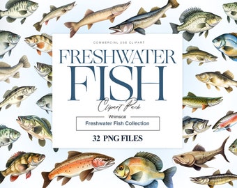 Freshwater Fish Clipart, Bass Fish PNG, Trout Clipart, Watercolor Fishes, Catfish, Art Print, Gone Fishing