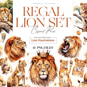 Imágenes prediseñadas de león acuarela, leones africanos, cachorro de león lindo, arte de la pared de vida silvestre, familia del rey león, león safari PNG