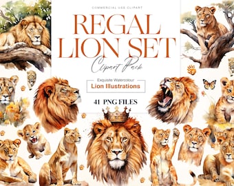 Watercolor Lion Clipart, African Lions, Cute Lion Cub, Wildlife Wall Art, Lion King Family, Safari Lion PNG