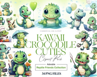 Cute Watercolor Crocodile Clipart, Cute Reptiles, Underwater Animal PNG, Kawaii Swamp Clipart, Crocodile PNG