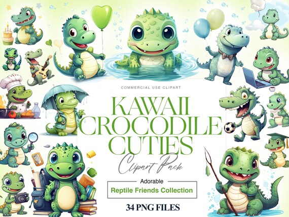 Watercolor Crocodile Clipart, Kawaii Reptile PNG (34 Files)