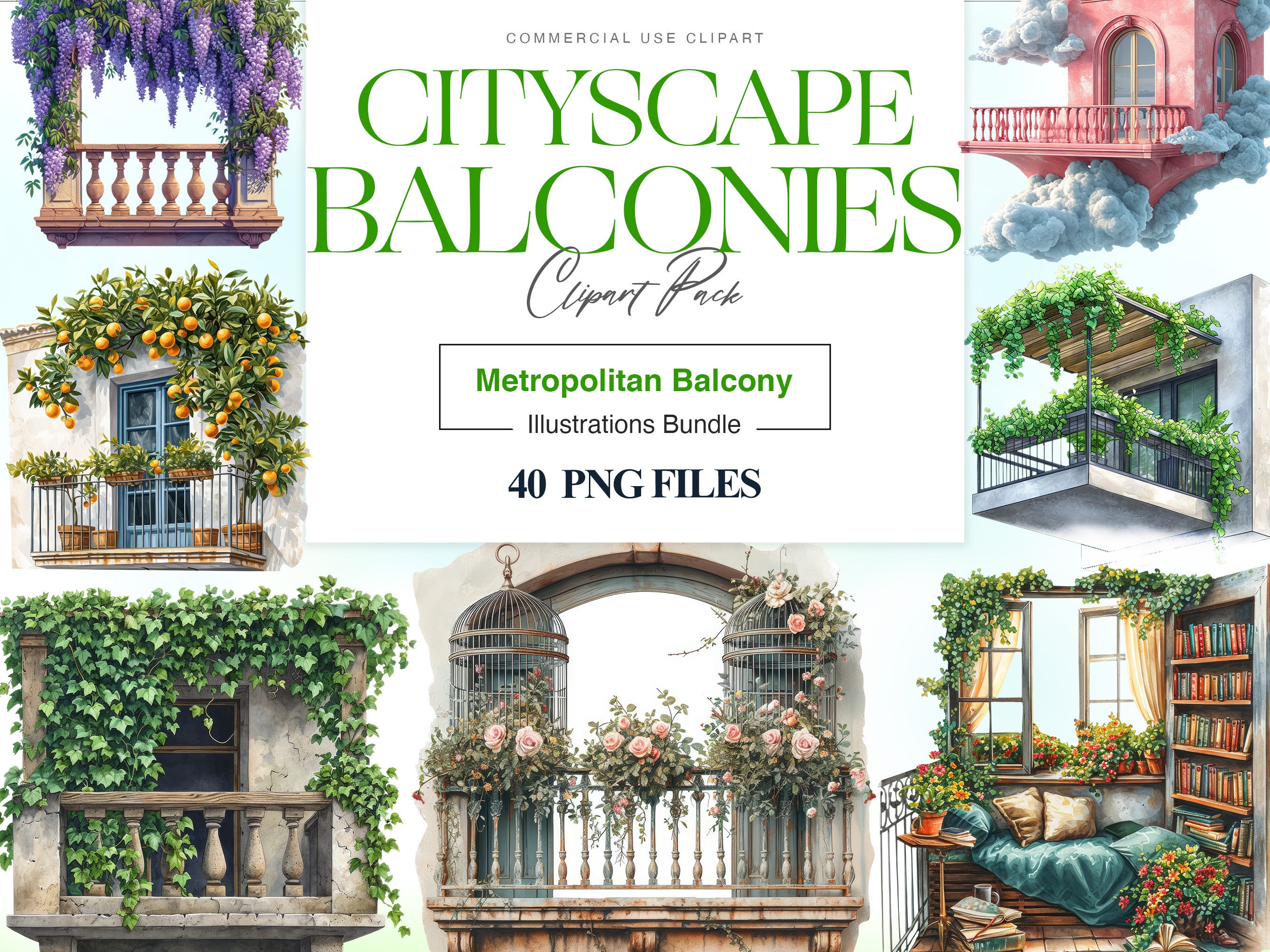 Watercolor Balcony Clipart| Floral Balcony PNG| Castle