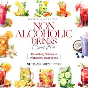 Clipart di bevande analcoliche: 51 illustrazioni di bevande vergini ad acquerello per uso digitale, clipart mocktail, clipart di succhi, mocktail PNG