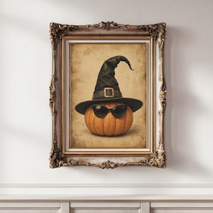 Vintage pompoenheksenhoedprint, retro Halloween muurdecoratie, herfstillustratie