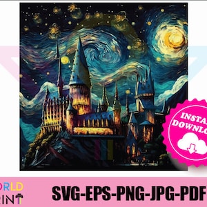 Magic Castle Nacht in einer Van Gogh Style Clipart Zauberschule Sammlung svg, jpg, png, pdf, eps Datei, Vektor, für Sublimation, DTG, DTF