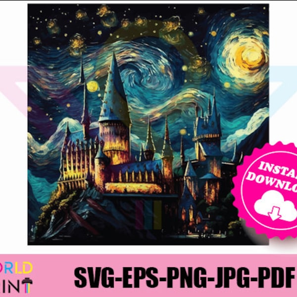 Magic Castle night in a Van Gogh Style Clipart Wizarding School Collection svg, jpg, png, pdf, eps file, vector, for Sublimation, DTG, DTF