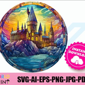 Noite do castelo mágico em estilo vitral Clipart Wizarding School Collection svg, jpg, png, pdf, arquivo eps, vetor, sublimação, DTG, DTF