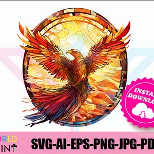 L'oiseau phénix dans un vitrail Style Clipart Wizarding School Collection svg, jpg, png, pdf, fichier eps, vecteur, Sublimation, DTG, DTF