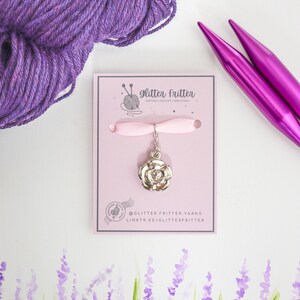 Silver Puff Flower Progress Keeper, knitting accessory, crochet accessory, removable stitch marker, knitting gifts, knitting charms