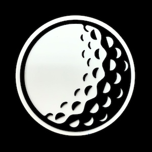 May include: A white golf ball design with a black outline and a black background. The golf ball has a series of small, crescent-shaped dimples on its surface. The design is circular and simple, perfect for golf enthusiasts.