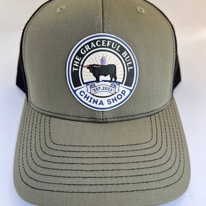 Christmas gift hat for dad, Richardson 112 dad joke hat, fun hat for dad, bull in a china shop pun leather patch hat for gift