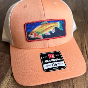 Christmas gift hat for mom | Rainbow Trout Print Stitch Patch Hat |  Adjustable Trucker Hat for Fisher | Colorful Print Stitch