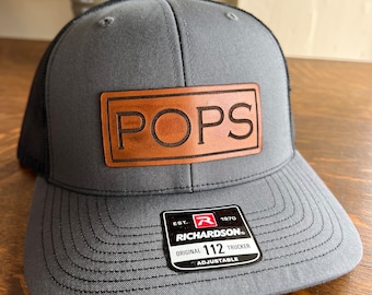 Pops Christmas gift Hat for Dad. Richardson 112 leather patch trucker hat for Dad. Gift for Pops. Gift for dad. POPS gift hat