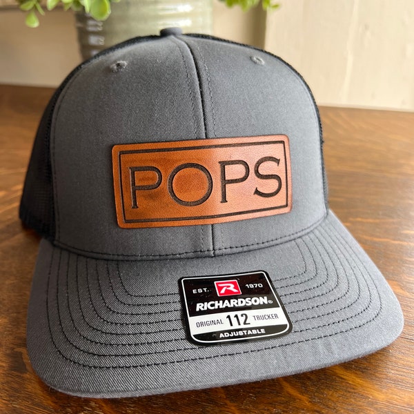 Pops Fathers Day Hat for Dad. Richardson 112 leather patch trucker hat for Dad. Gift for Pop. Fathers Day Gift for dad. Dad Hat gift.