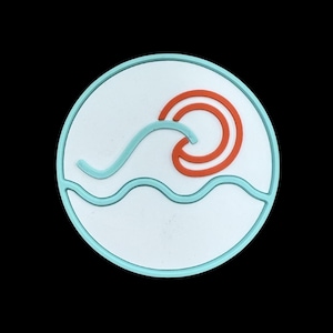 May include: A round, white coaster with a light blue border. The coaster features a stylized design of a wave and a sun in orange and light blue. The design is centered on the coaster.