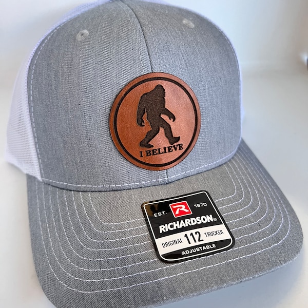 Yeti | I Believe | Christmas gift for BigFoot Enthusiasts | Sasquatch Seekers | Richardson 112 Leather Patch Trucker Hat. Great Gift Idea!