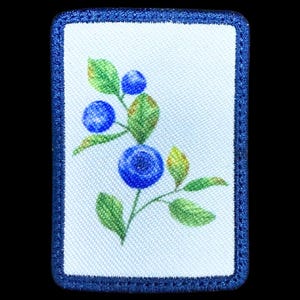 May include: A rectangular patch with a white background and a blue border. The patch features a detailed embroidered design of blueberries and green leaves on a stem. The blueberries are a vibrant blue color.