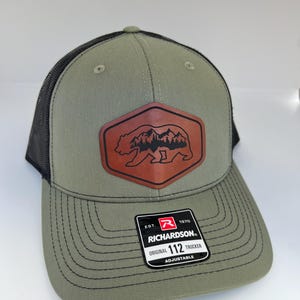 Fathers Day gift for dad hat Bear/Mountain Scene | Perfect gift for Adventure Seekers | Richardson 112/115 Leather Patch Trucker Hat