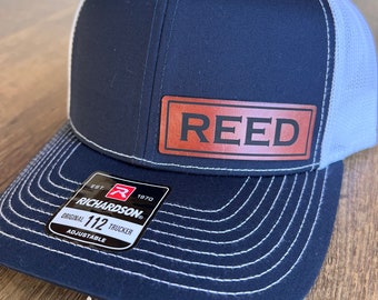 Custom name hat, customizable leather patch hat with first or last name. Perfect gift for men. Richardson 112 snapback trucker hat
