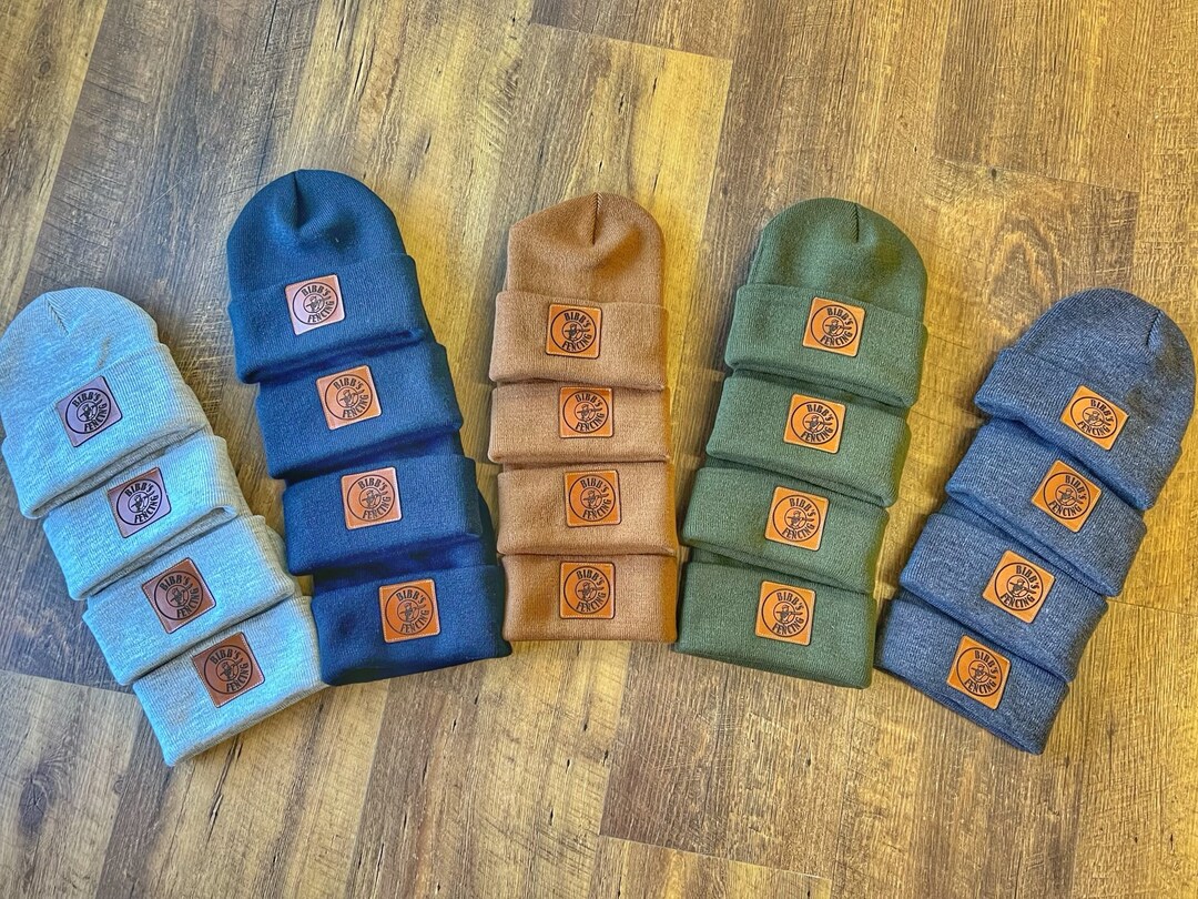 Set of 12 Custom Leather Patch Beanies Personalized Beanie Hats With