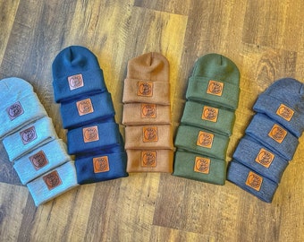 Set of 12 Custom Leather Patch Beanies | Personalized Beanie Hats with Custom Logo | Unisex Winter Hat | Company Logo Gift | 12 Pc Minimum