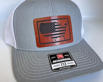 American Flag Leather Patch Richardson 112 Hat, USA Patriotic Trucker Cap
