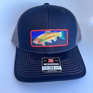 Rainbow Trout Patch Hat |  Adjustable Trucker Hat for Fishermen | Christmas Gift for Trout Fishermen | Colorful Print Stitch
