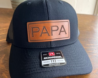 Papa Fathers Day Hat for Dad. Richardson 112 leather patch trucker hat for Dad. Gift for Pop. Fathers Day Gift for dad. Dad Hat gift.