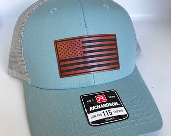American Flag Leather Patch Richardson 115 Trucker Hat