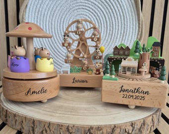 Personalisierte Holz Spieluhr | Geschenk zur Geburt, Taufe, Geburtstag, zur Erinnerung | Karussell, Riesenrad, Eisenbahn | Baby & Kinder