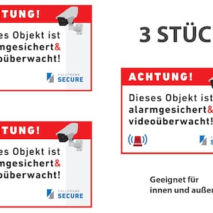 3x Sticker: Achtung Videoüberwachung Alarm Warnaufkleber, A6 | 10,5cm x 14,8cm