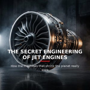 Könnte beinhalten: Ein metallisches Strahltriebwerk mit komplexen Schaufelblättern und mechanischen Bauteilen. Der Text lautet: ENGI NERD ENGINEERING UNCOVERED, THE SECRET ENGINEERING OF JET ENGINES, How the machines that shrink the planet really work.