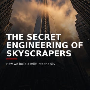 Puede incluir: Un gráfico vertical que muestra un rascacielos alto que llega a cielos nublados. El texto dice: ENGI NERD - ENGINEERING UNCOVERED, THE SECRET ENGINEERING OF SKYSCRAPERS y How we build a mile into the sky. La paleta de colores es oscura.
