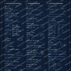 Könnte beinhalten: Ein dunkelblaues technisches Referenzposter mit weißem Text und Diagrammen. Der Inhalt ist in drei Spalten unterteilt: Statik & Mechanik, Thermodynamik und Materialwissenschaft, die verschiedene physikalische Formeln und Materialtabellen zeigen.