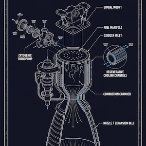 May include: A technical cutaway diagram of a rocket engine on a dark blue background. The illustration features white line art detailing components like the gimbal mount, cryogenic turbopump, combustion chamber, and nozzle expansion bell.