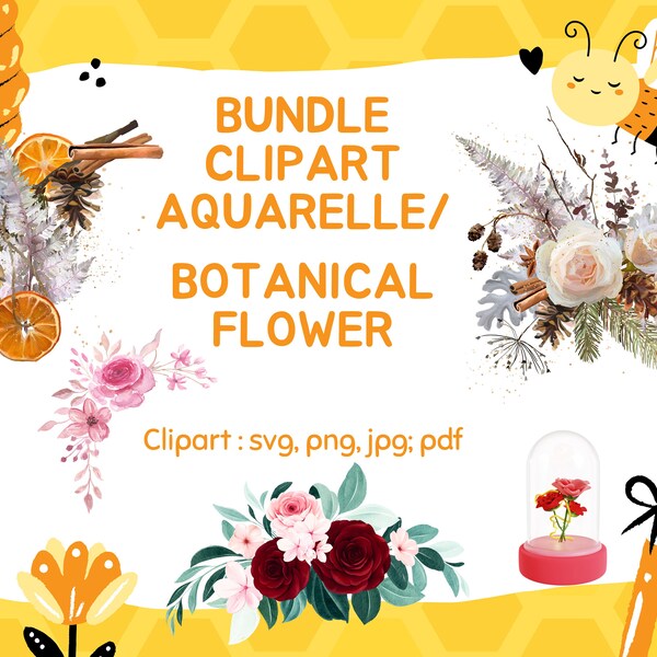 Bundle Clipart aquarelle, Botanical 75 Svg bundle, Flower clipart, wildflower svg Bundle, End of summer clip art